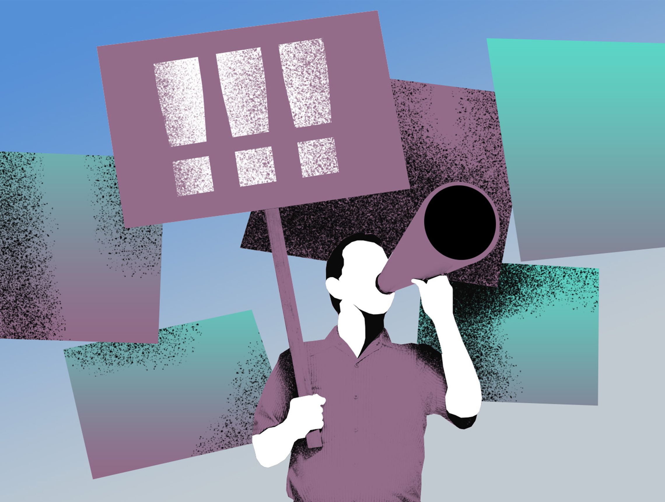 Mann verkuendet Botschaft mit Megafon und Plakaten