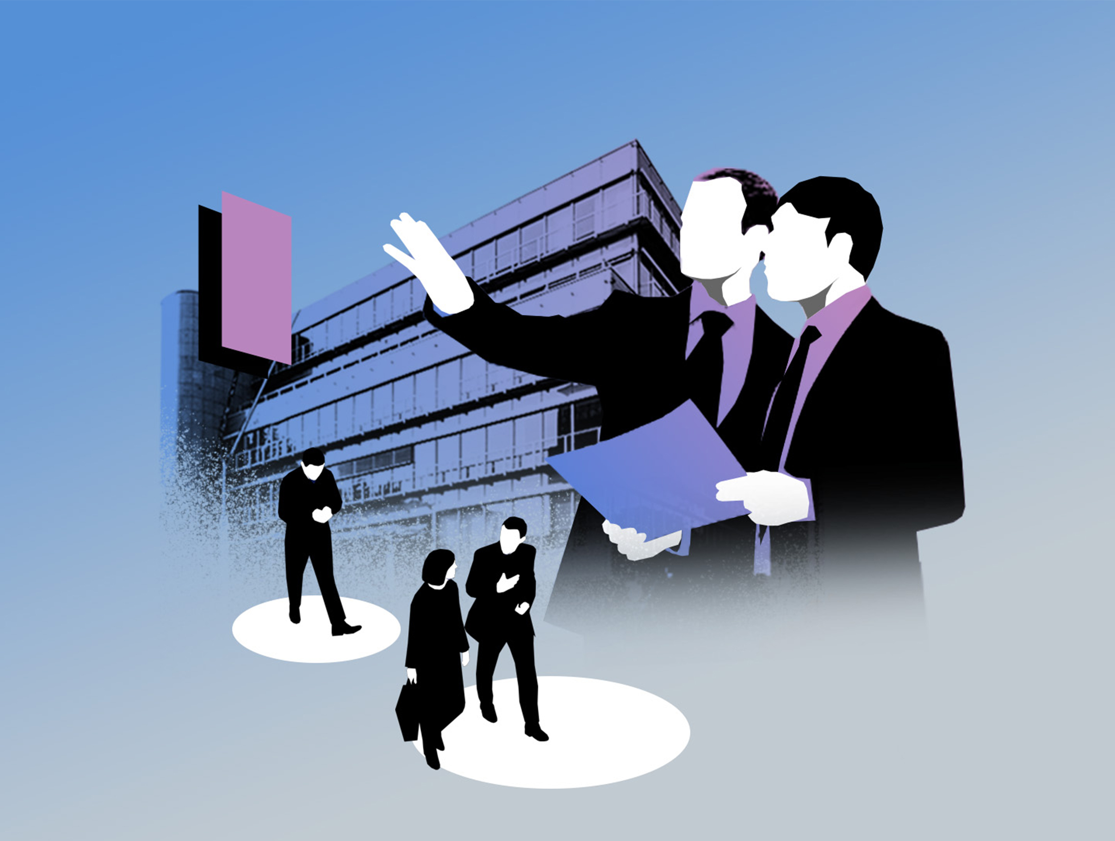 Personen vor Gebaeude in Gespraechssituation