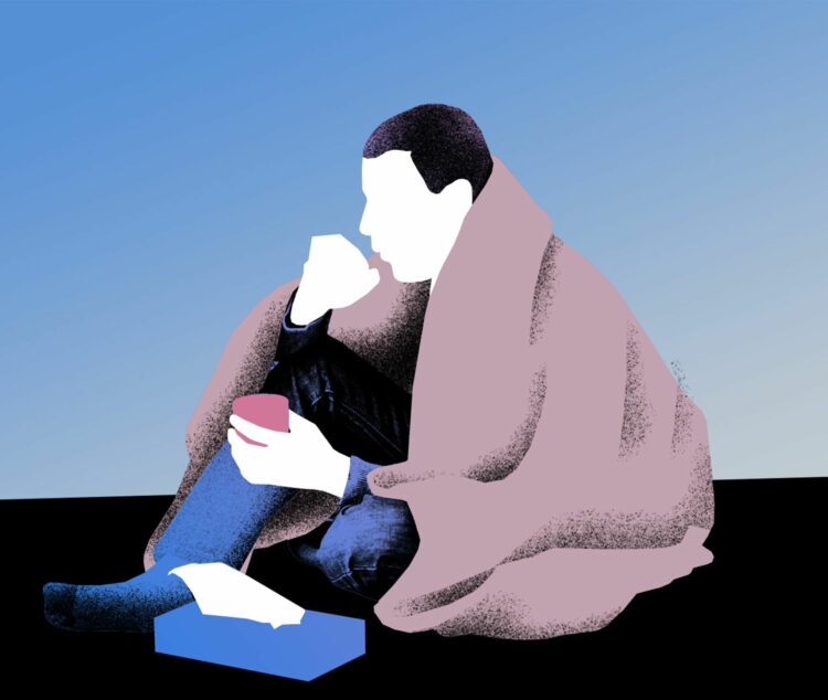 Mann sitzt mit Tasse und in eine Decke gewickelt auf dem Boden PWWL Illustration